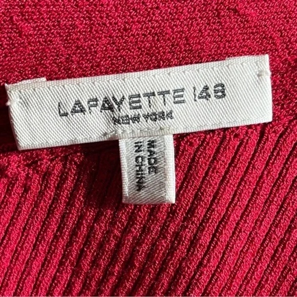 Lafayette 148 | Red Ribbed Knit V-Neck Sweater, Small - Picture 5 of 6